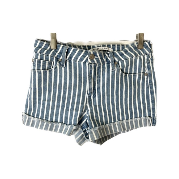 STRETCHY COMFORTABLE DENIM!! blue and white striped jean high rise short D7 - Picture 1 of 5